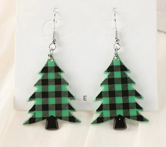 PREORDER CHRISTMAS ROUND ONE Green Buffalo Plaid Christmas Tree Acrylic Earrings