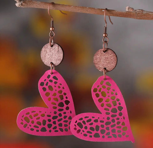 PREORDER VALENTINES DAY ROUND ONE Hot Pink Heart Cut Out Wooden Earrings