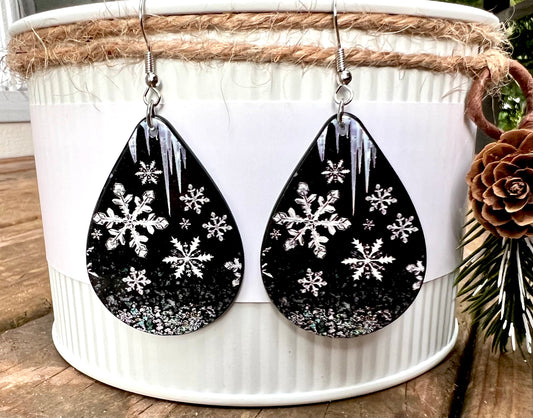 PREORDER CHRISTMAS ROUND ONE Falling Snowflakes Christmas Teardrop Acrylic Earrings