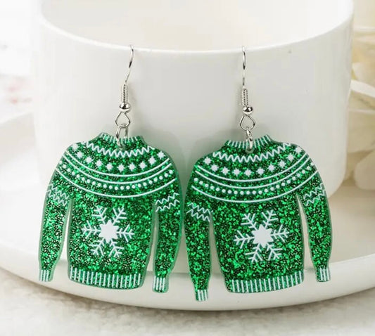 PREORDER CHRISTMAS ROUND ONE Christmas Green Snowflake Ugly Sweater Acrylic Earrings