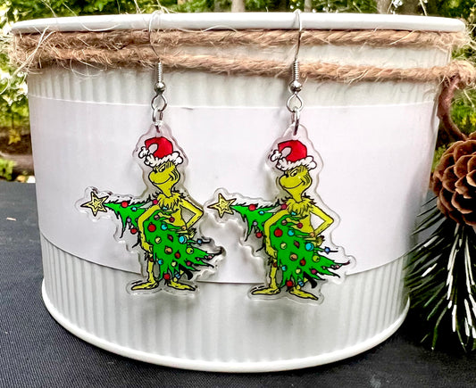 PREORDER CHRISTMAS ROUND ONE Christmas Mean One Stealing Tree Acrylic Earrings