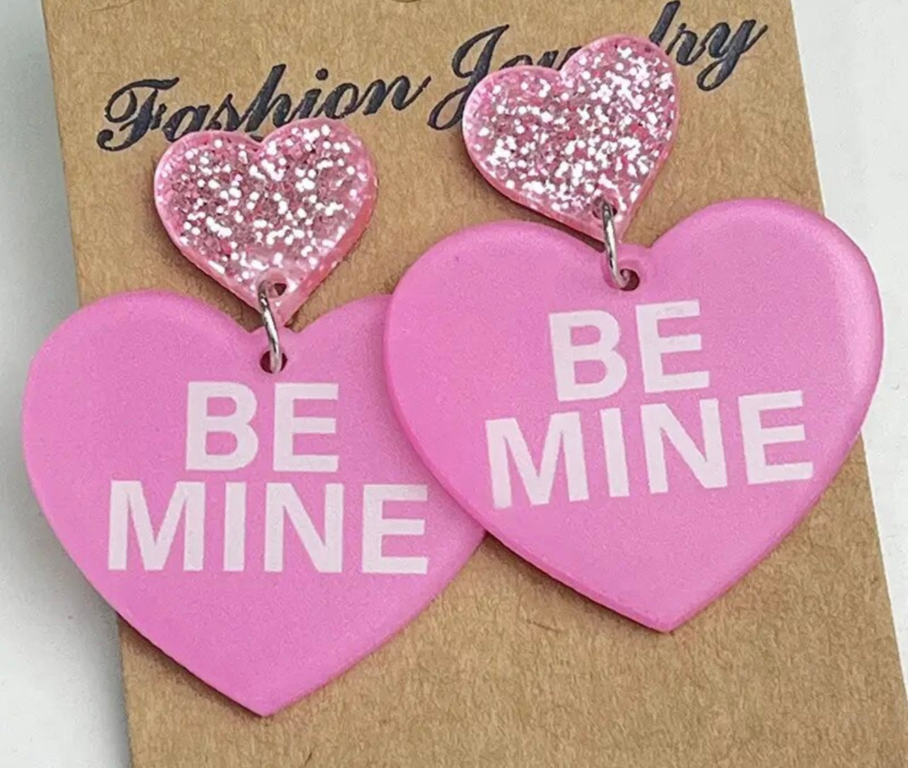 PREORDER VALENTINES DAY ROUND ONE Pink Be Mine Convo Heart Acrylic Earrings.