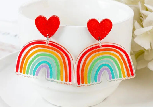 PREORDER VALENTINES SAY ROUND ONE Pride Red Heart Rainbow Acrylic Earrings.