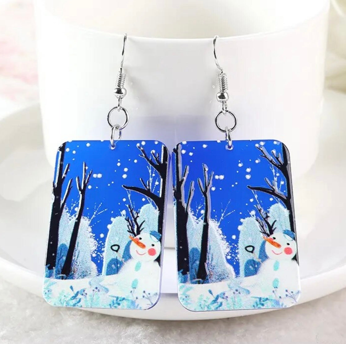 PREORDER CHRISTMAS ROUND ONE Christmas Winter Wonderland Snowman Painted Acrylic Earrings