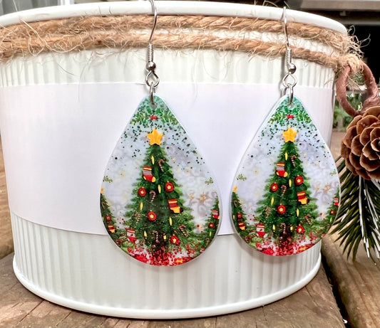 PREORDER CHRISTMAS ROUND ONE Christmas Tree Teardrop Acrylic Earrings