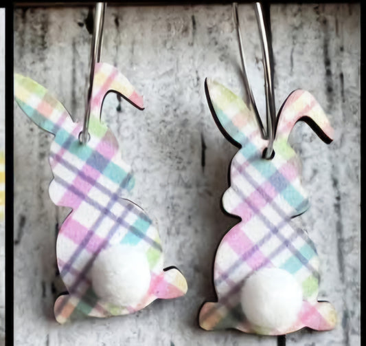 Easter Plaid Cotton Tail Bunny Wooden Hoop Dangle Earrings