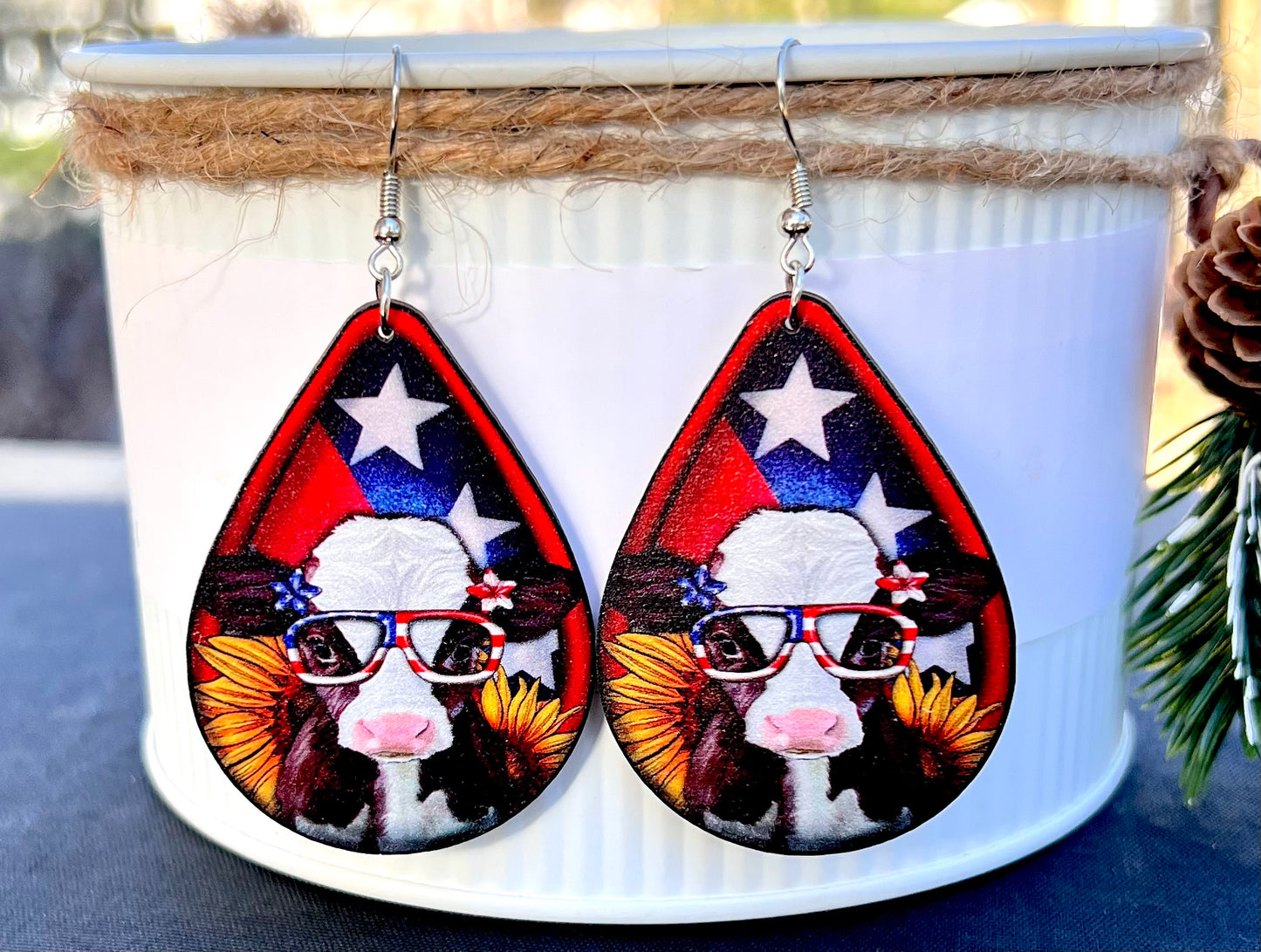 Patriotic Cow Teardrop Wooden Earrings