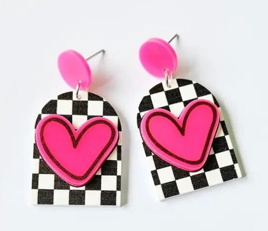 PREORDER VALENTINES DAY ROUND ONE Pink Heart Checkerboard Acrylic Earrings.