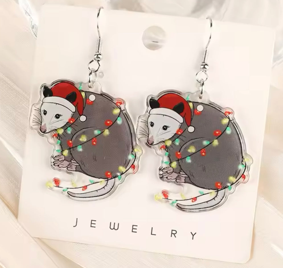 PREORDER CHRISTMAS ROUND ONE Opossum Christmas Acrylic Earrings