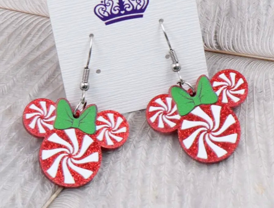 PREORDER CHRISTMAS ROUND ONE Christmas Red Peppermint Mouse Acrylic Earrings