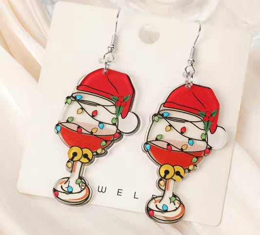 PREORDER CHRISTMAS ROUND ONE Santa Hat & Christmas Lights Wine Glass Acrylic Earrings