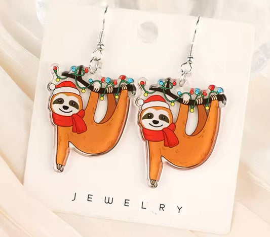 PREORDER CHRISTMAS ROUND ONE Sloth Christmas Acrylic Earrings