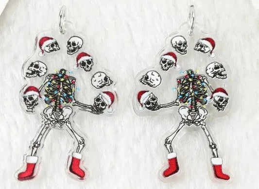 PREORDER CHRISTMAS ROUND ONE Christmas Juggling Skeleton Acrylic Earrings