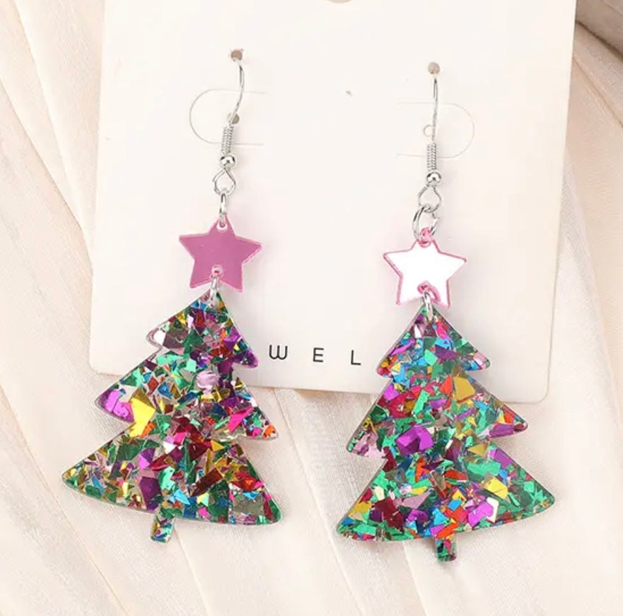 PREORDER CHRISTMAS ROUND ONE Pink Star Glitter Christmas Tree Acrylic Earrings