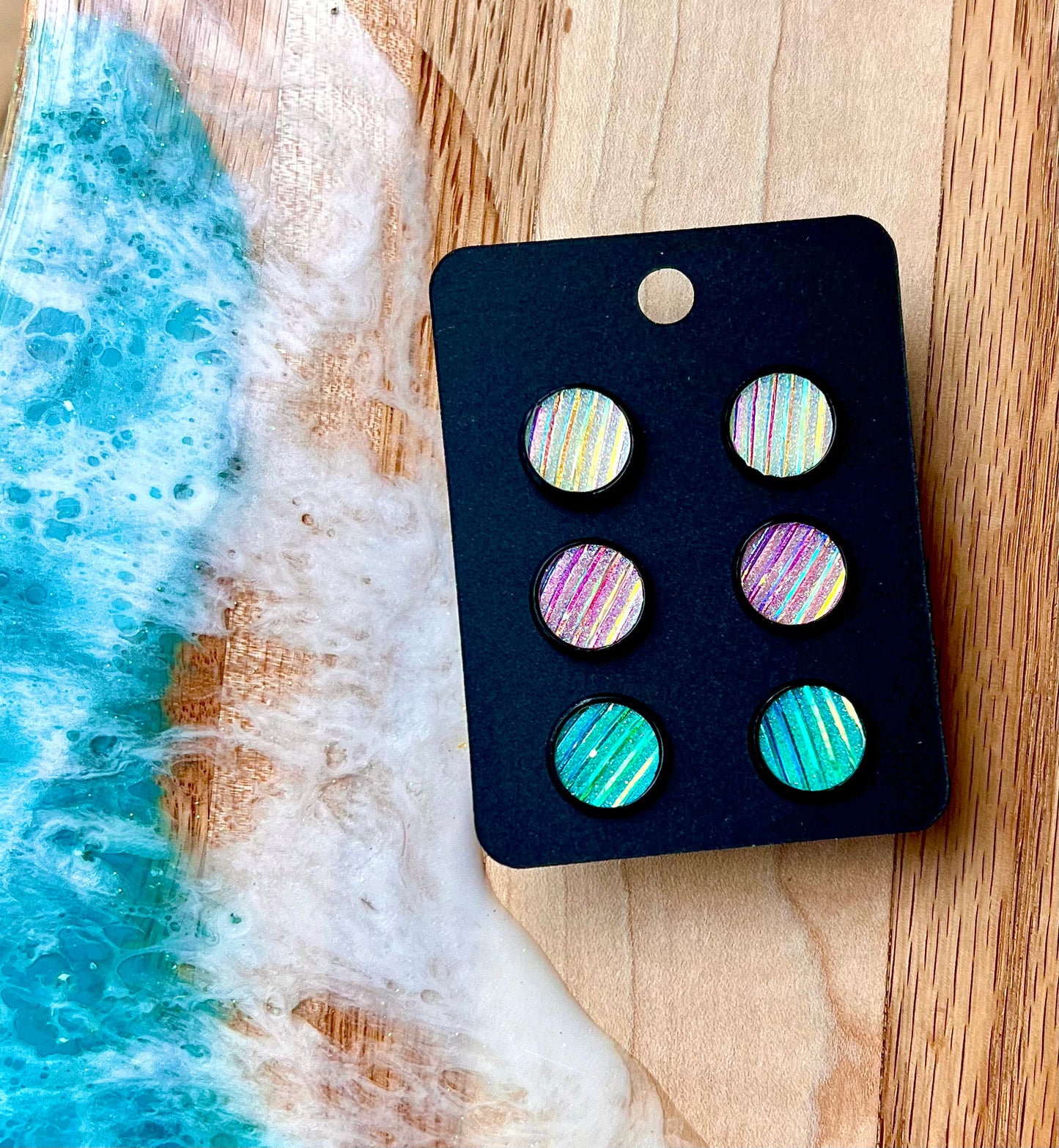 Mermaid Stripe Black Bezel Three Pack Druzy Stud Earrings