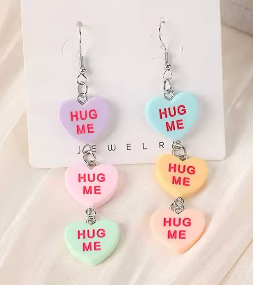 PREORDER VALENTINES DAY ROUND ONE Hug Me Conversation Hearts Acrylic Earrings.