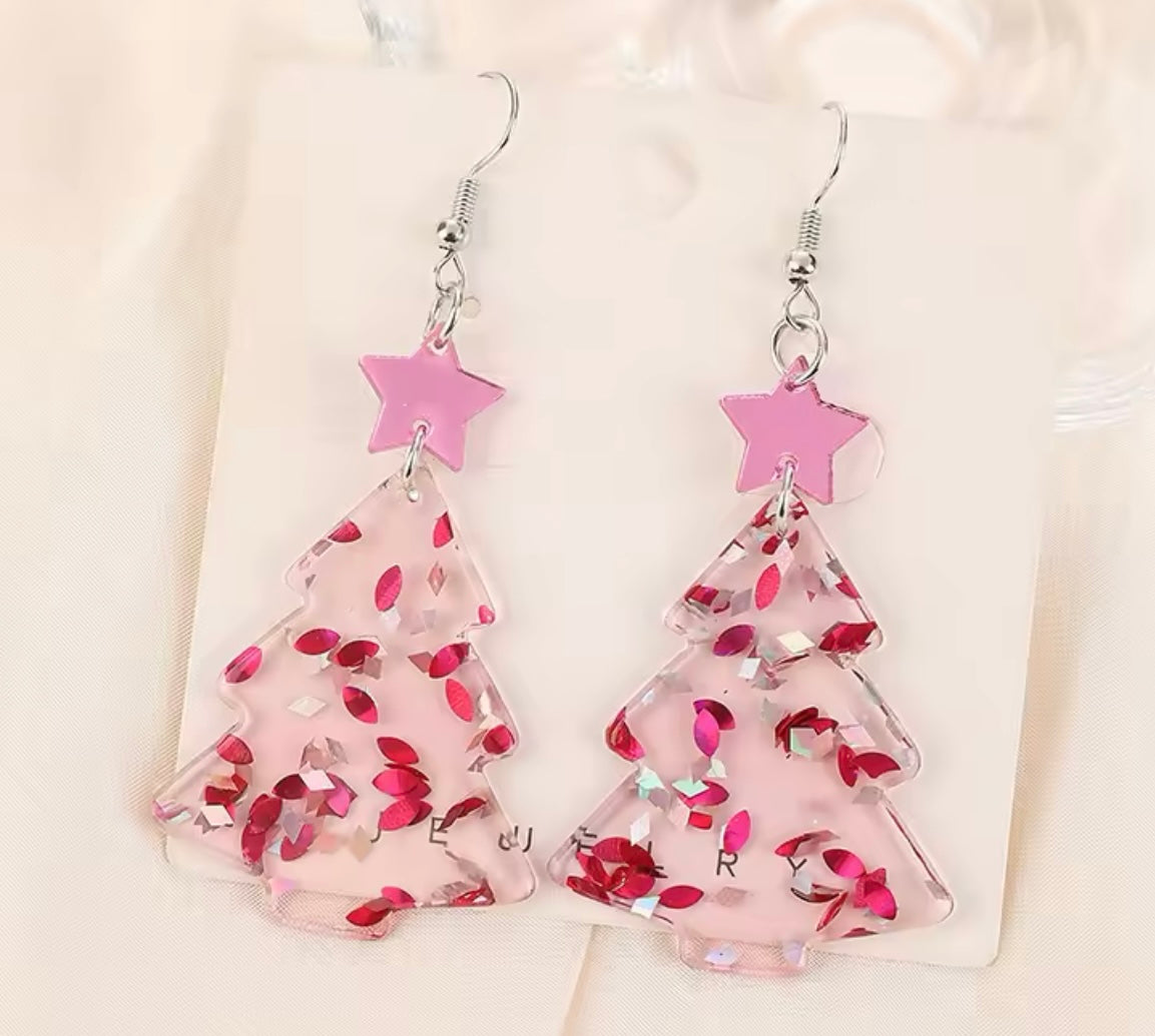 PREORDER CHRISTMAS ROUND ONE Pink Christmas Tree With Pink Star Acrylic Earrings