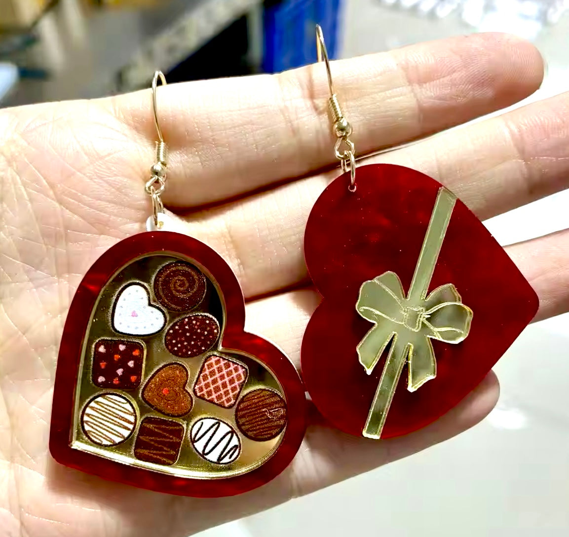 PREORDER VALENTINES DAY ROUND ONE Chocolate Heart Acrylic Earrings.