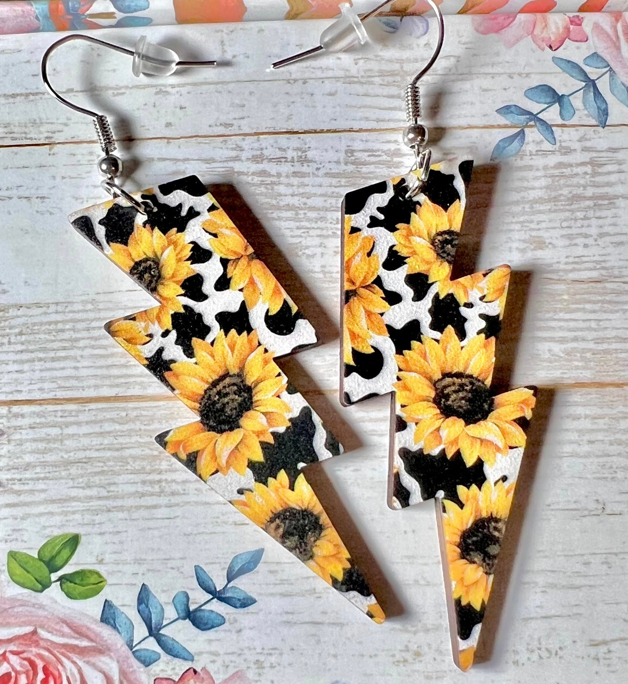 Cow & Sunflower Double Sided Lighting Bolt Wooden Dangle Earrings