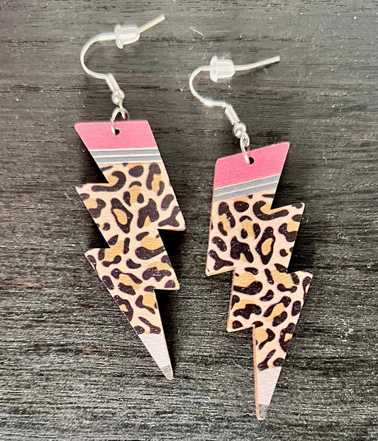 Leopard Pencil Double Sided Wooden Dangle Earrings