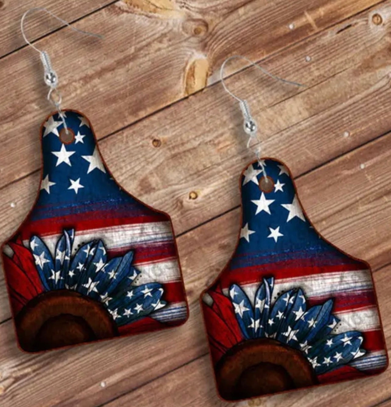 USA Fourth Of July Blue Star Sunflower Cow Tag Wooden Dangle Earrings