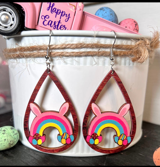 Easter Bunny Ear Rainbow Teardrop Wooden Dangle Earrings