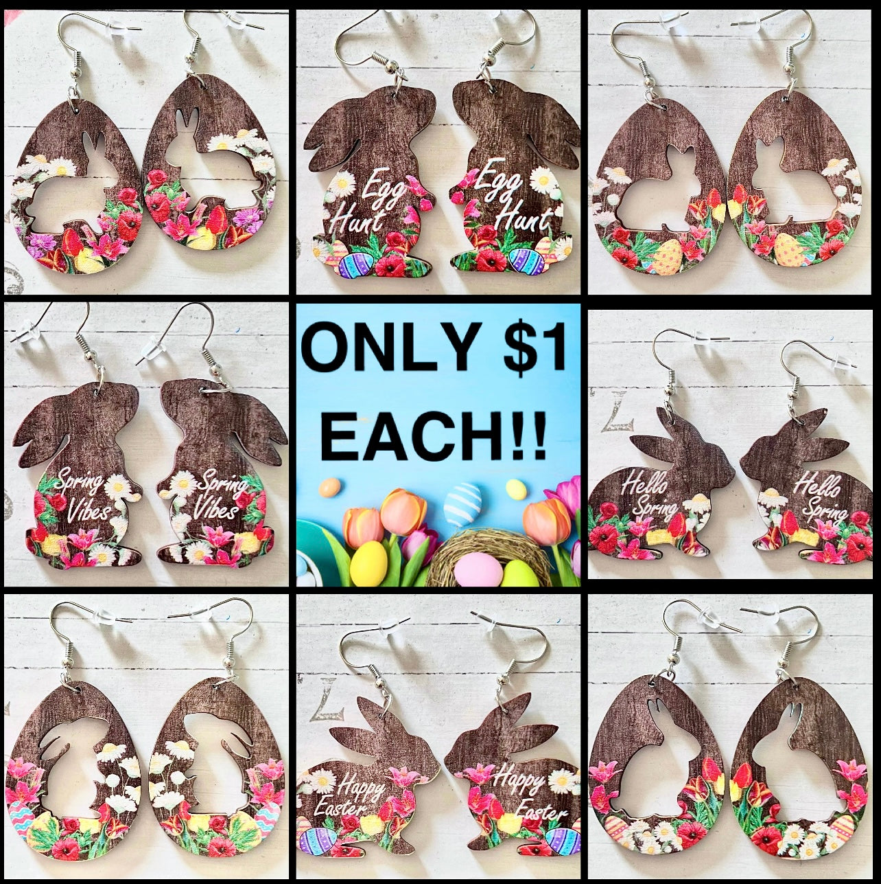 RANDOM- Easter Bunny Cutout Double Sided Wooden Dangle Earrings