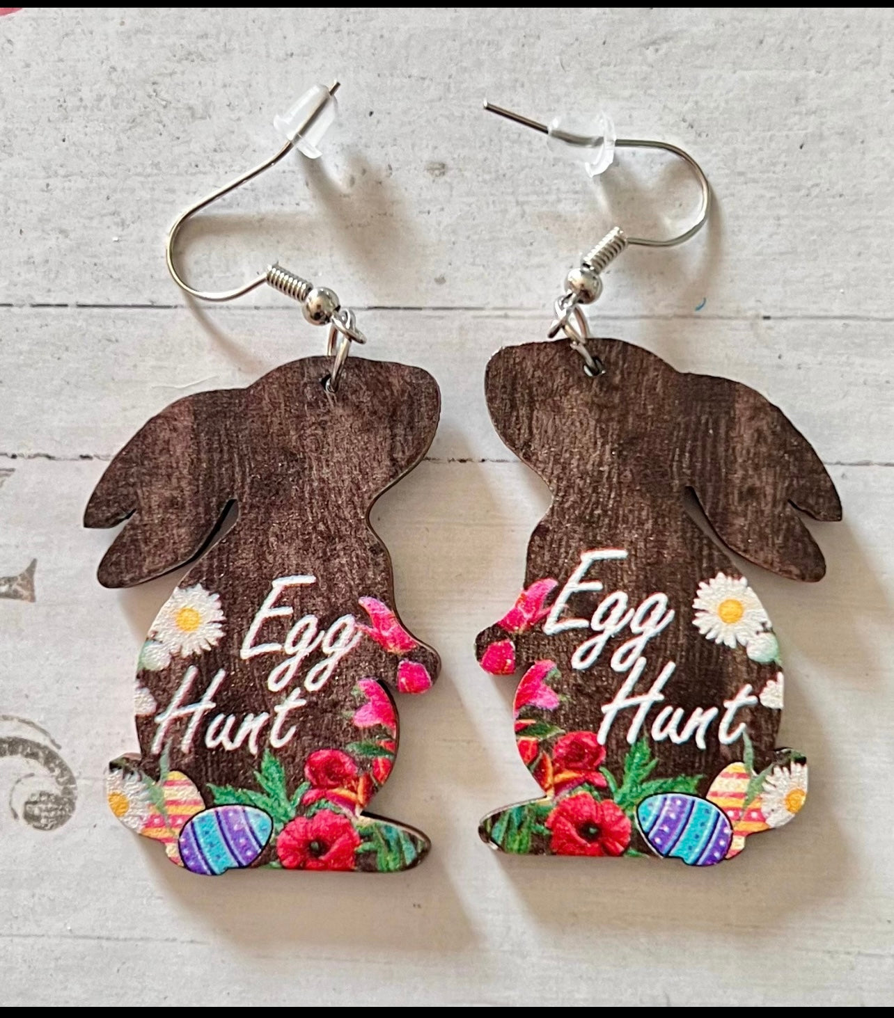 RANDOM- Easter Bunny Cutout Double Sided Wooden Dangle Earrings