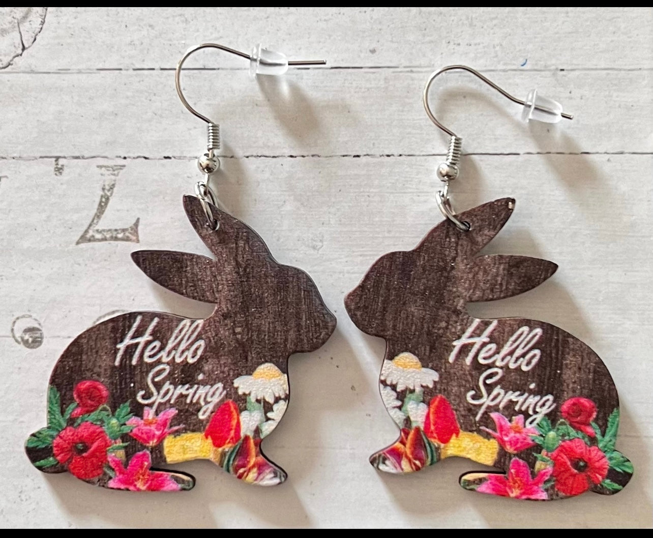 RANDOM- Easter Bunny Cutout Double Sided Wooden Dangle Earrings