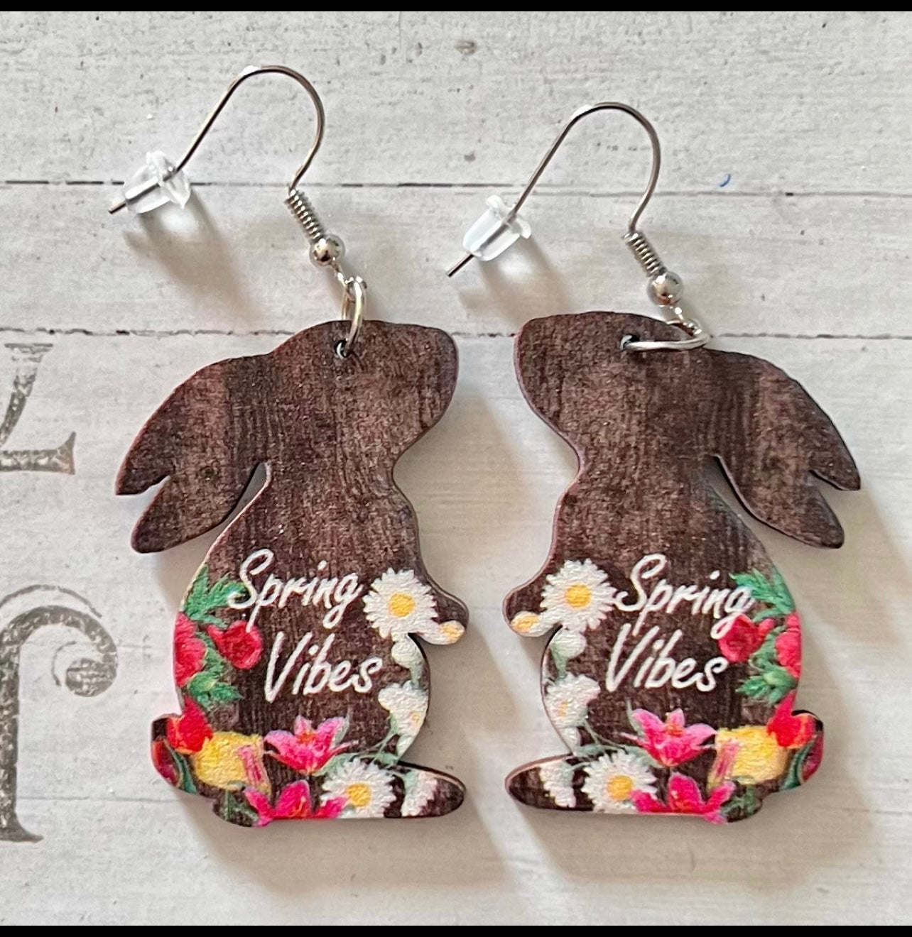 RANDOM- Easter Bunny Cutout Double Sided Wooden Dangle Earrings