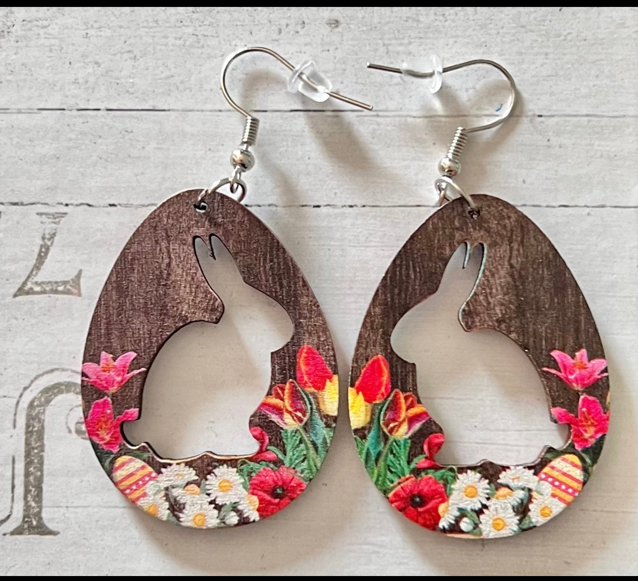 RANDOM- Easter Bunny Cutout Double Sided Wooden Dangle Earrings