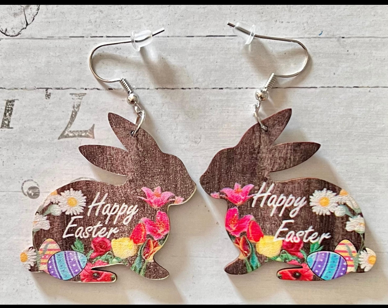 RANDOM- Easter Bunny Cutout Double Sided Wooden Dangle Earrings