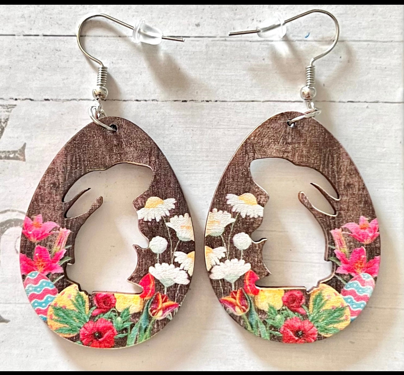 RANDOM- Easter Bunny Cutout Double Sided Wooden Dangle Earrings