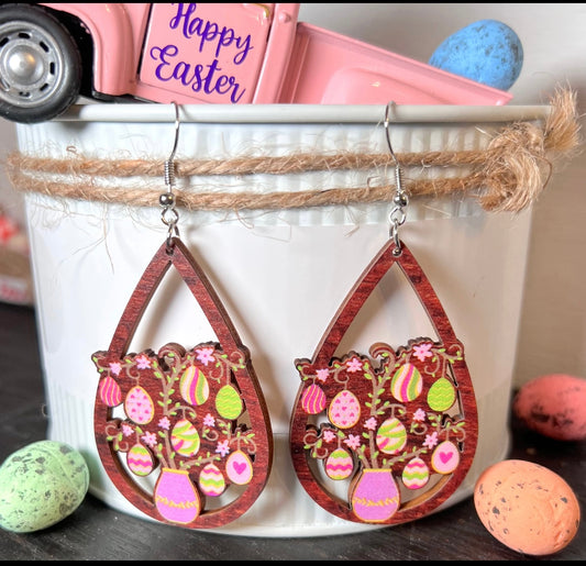 Easter Egg Floral Arrangement Teardrop Wooden Dangle Earrings