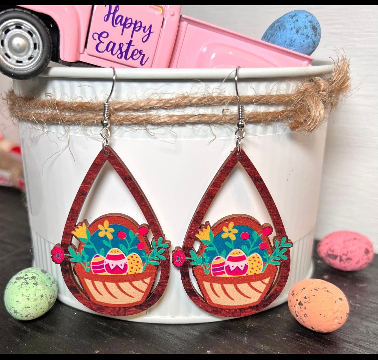 Easter Egg Basket Teardrop Wooden Dangle Earrings