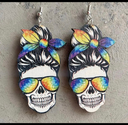 Tie Dye Skull Bandana Wooden Dangle Earrings