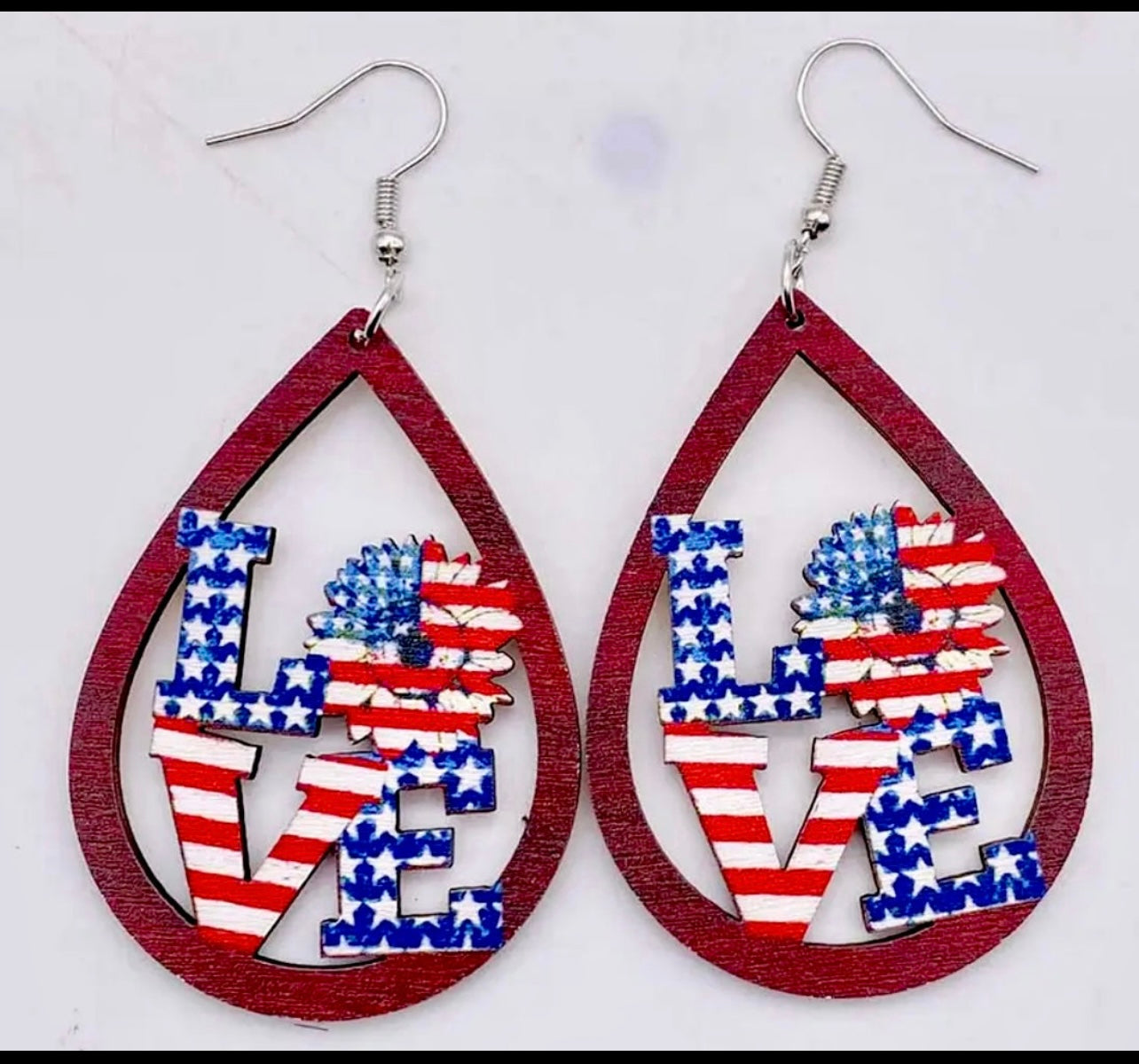 USA Fourth Of July Love Sunflower Star Flag Teardrop Wooden Dangle Earrings