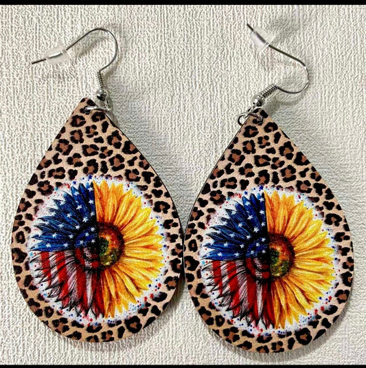 USA Fourth Of July Leopard Flag Sunflower Wooden Dangle Earrings