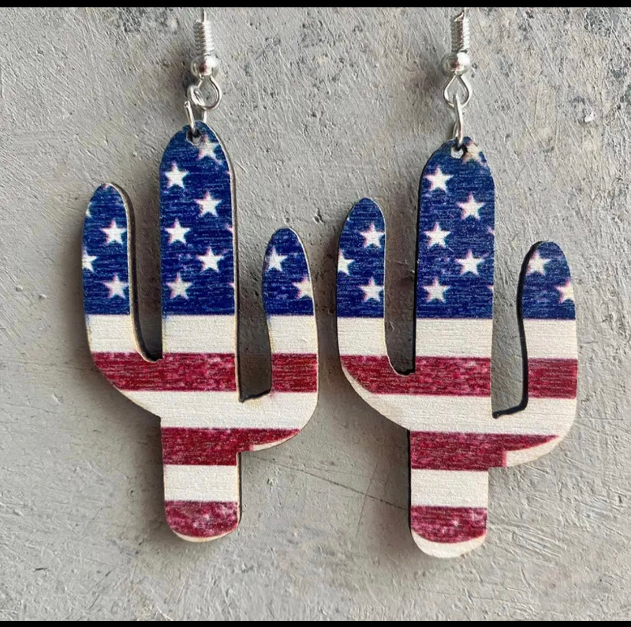 USA Fourth Of July Cactus Flag Wooden Dangle Earrings