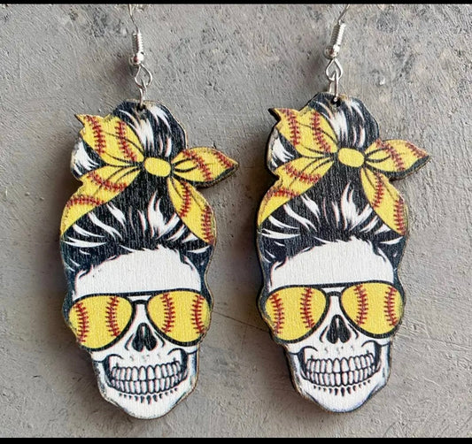 Softball Bandana Skull Wooden Dangle Earrings