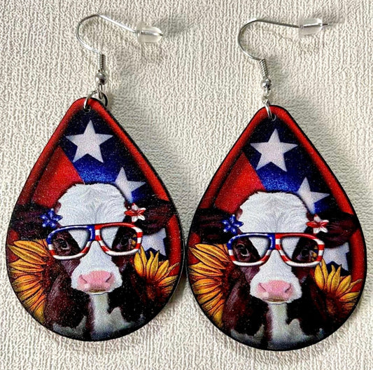 USA Fourth Of July Patriotic Cow Wooden Dangle Earrings