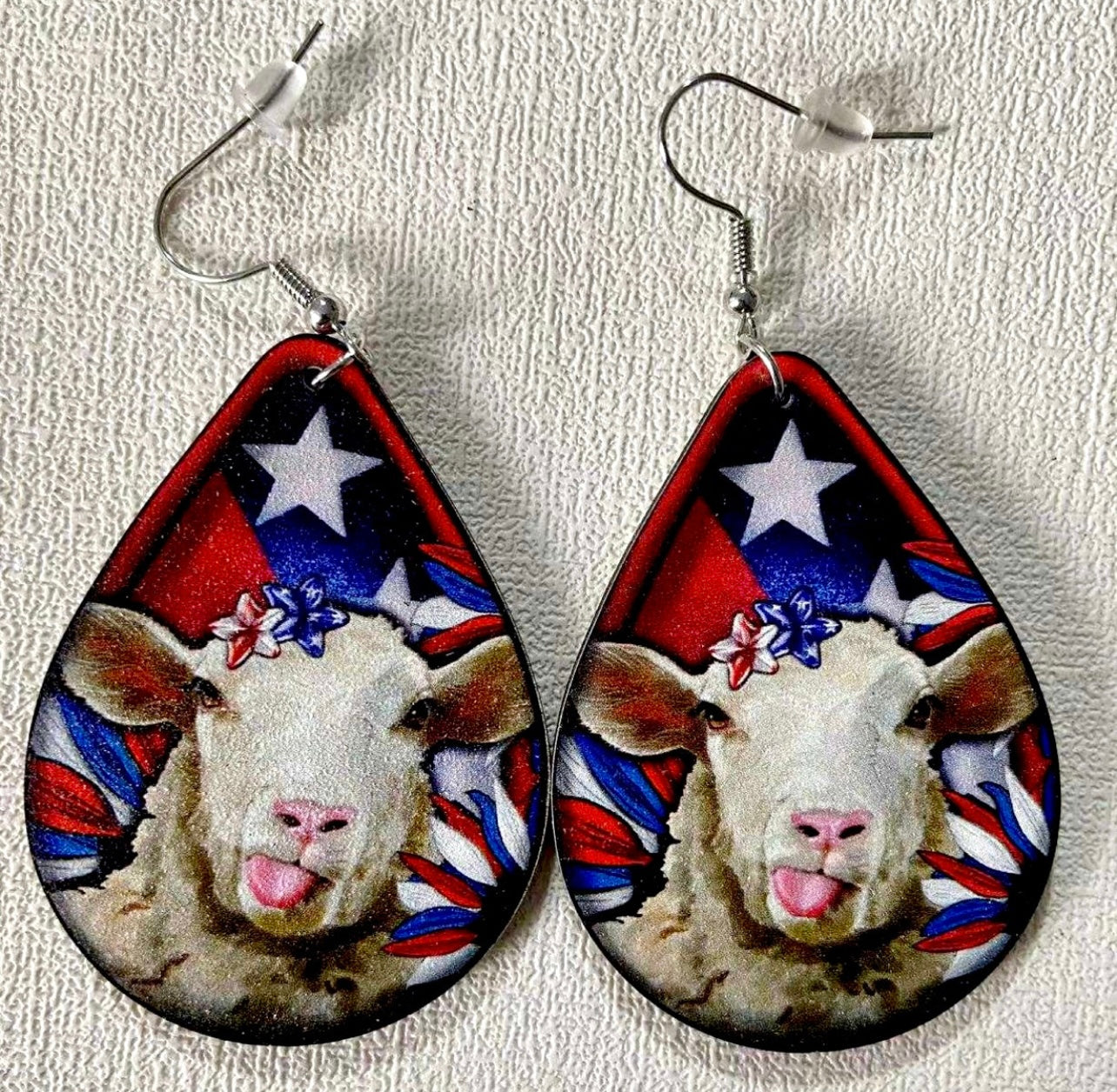 USA Fourth Of July Patriotic Goat Teardrop Wooden Dangle Earrings