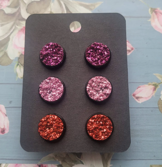 BE MY SWEETHEART 3 Pack Black Bezel Druzy Earring Set