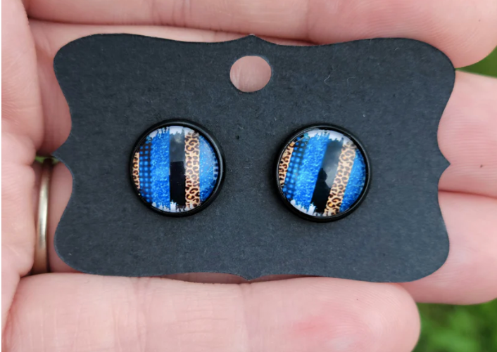 Black & Blue Cheetah Brushstrokes Glass Cabachon Black Bezel Earrings- 12 mm ONLY!