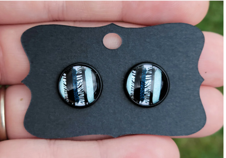 Black Zebra Brushstrokes Glass Cabachon Black Bezel Earrings- 12 mm ONLY!