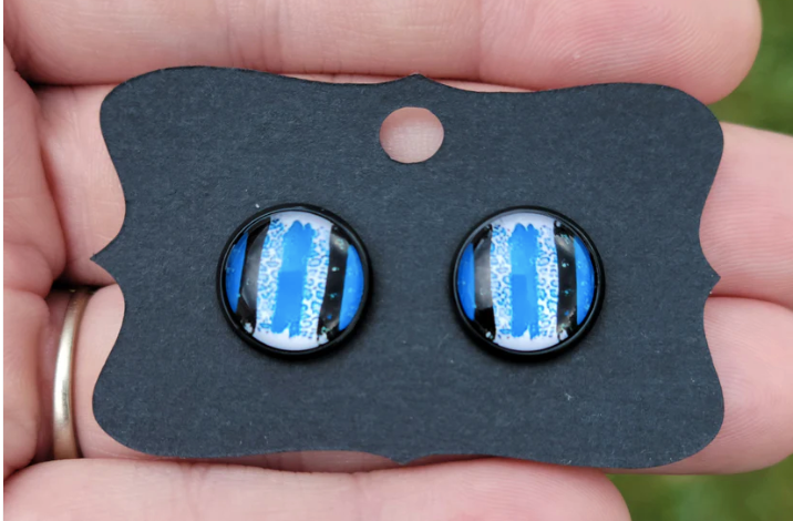 Blue Cheetah Brushstrokes Glass Cabachon Black Bezel Earrings- 12 mm ONLY!