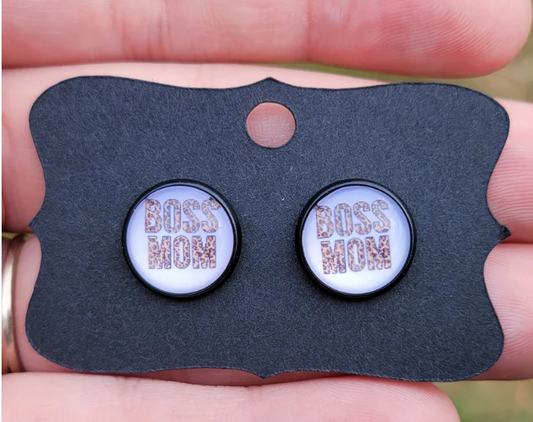 Boss Mom Glass Cabachon Black Bezel Earrings- 12 mm ONLY!