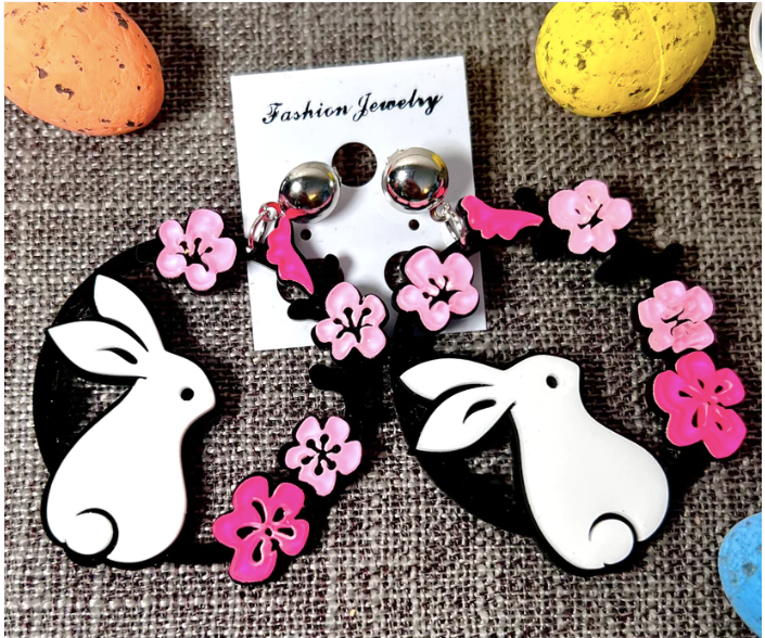 Easter Bunny Floral Acrylic Stud Earrings