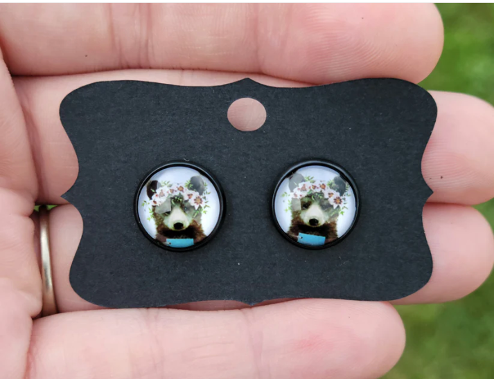 Brown Bear Floral Glass Cabachon Black Bezel Earrings- 12 mm ONLY!