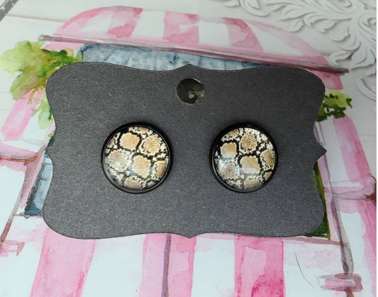 Brown Snake Skin Cabachon Black Bezel Earrings- 12 mm ONLY!